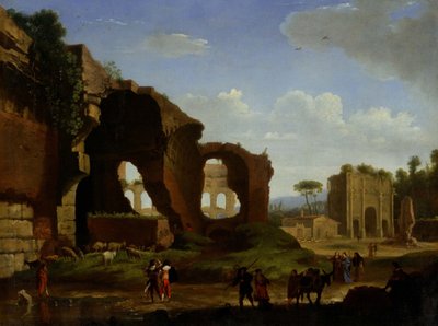 Een Romeins uitzicht op de ruïnes van de Tempel van Venus en Rome met het Colosseum en de Boog van Constantijn door Herman van Swanevelt